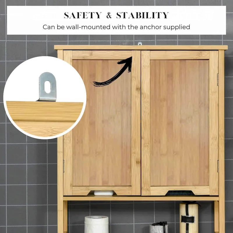 Bamboo Over-Toilet Storage Cabinet with Dual Doors and Open Shelf