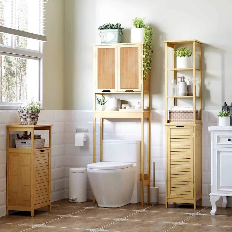 Bamboo Over-Toilet Storage Cabinet with Dual Doors and Open Shelf