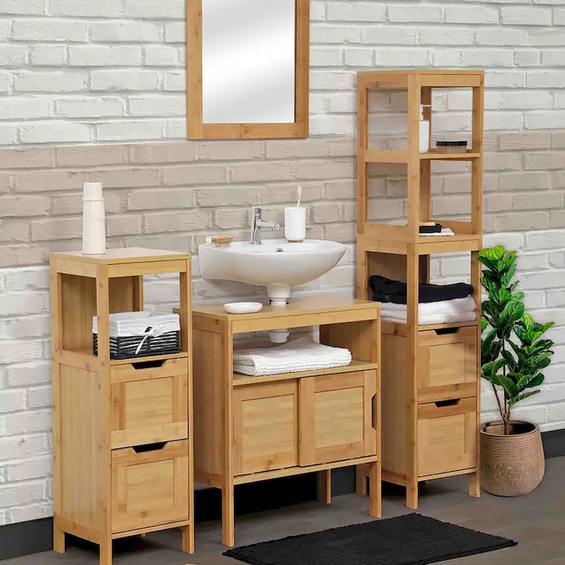Bamboo Over-Toilet Storage Cabinet with Dual Doors and Open Shelf