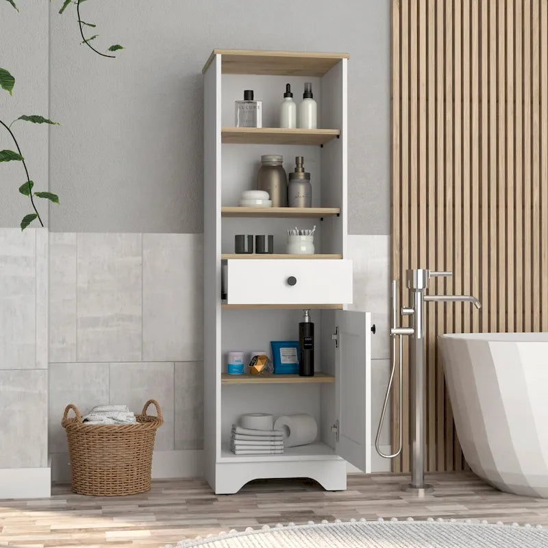 Light Gray Linen Cabinet with Drawer Door and Multiple Shelves