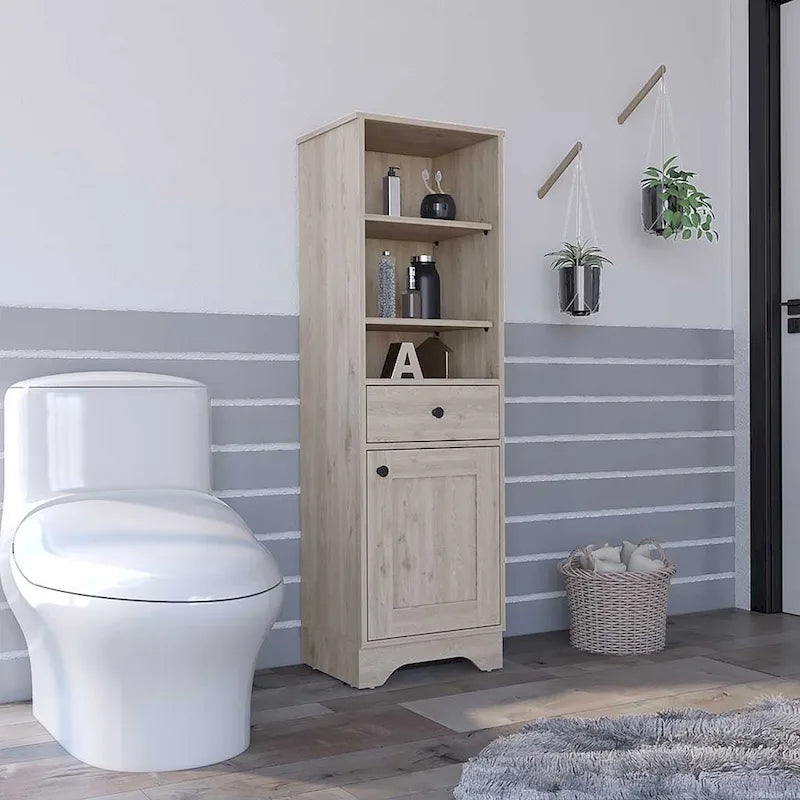 Light Gray Linen Cabinet with Drawer Door and Multiple Shelves