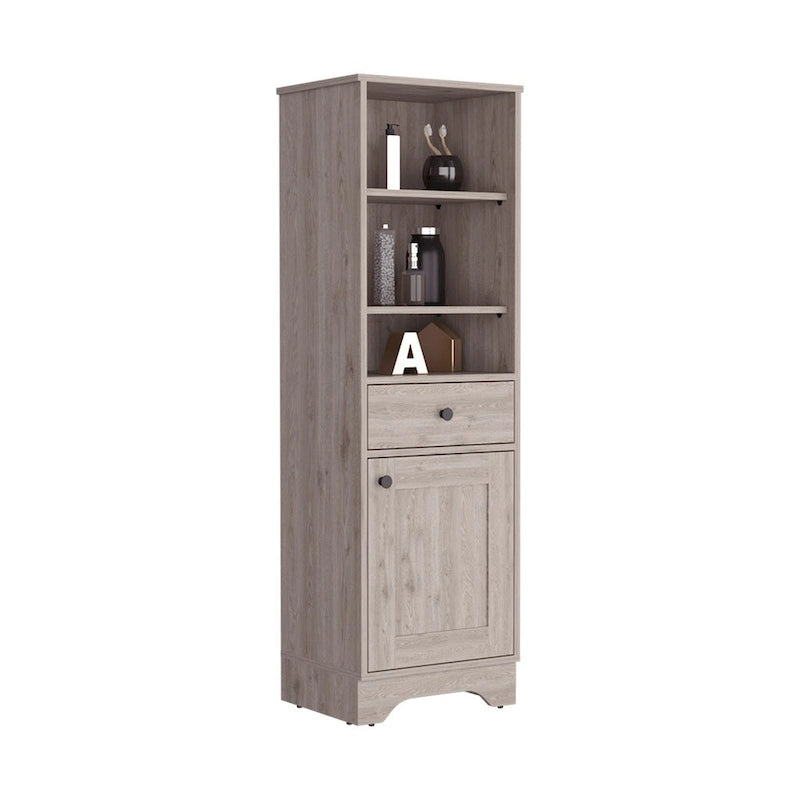 Light Gray Linen Cabinet with Drawer Door and Multiple Shelves