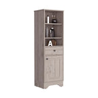 Light Gray Linen Cabinet with Drawer Door and Multiple Shelves