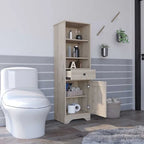 Light Gray Linen Cabinet with Drawer Door and Multiple Shelves