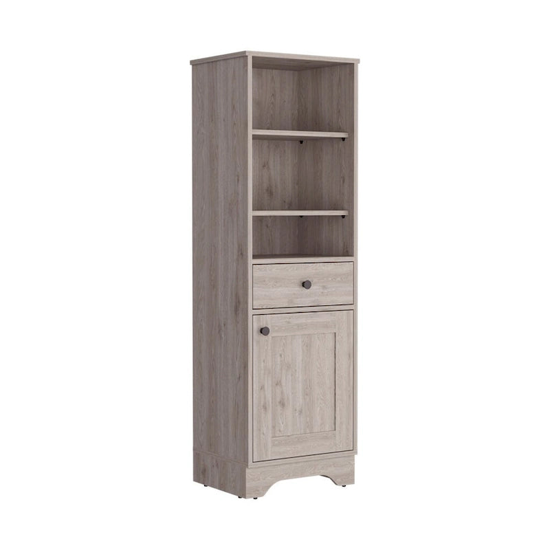 Light Gray Linen Cabinet with Drawer Door and Multiple Shelves