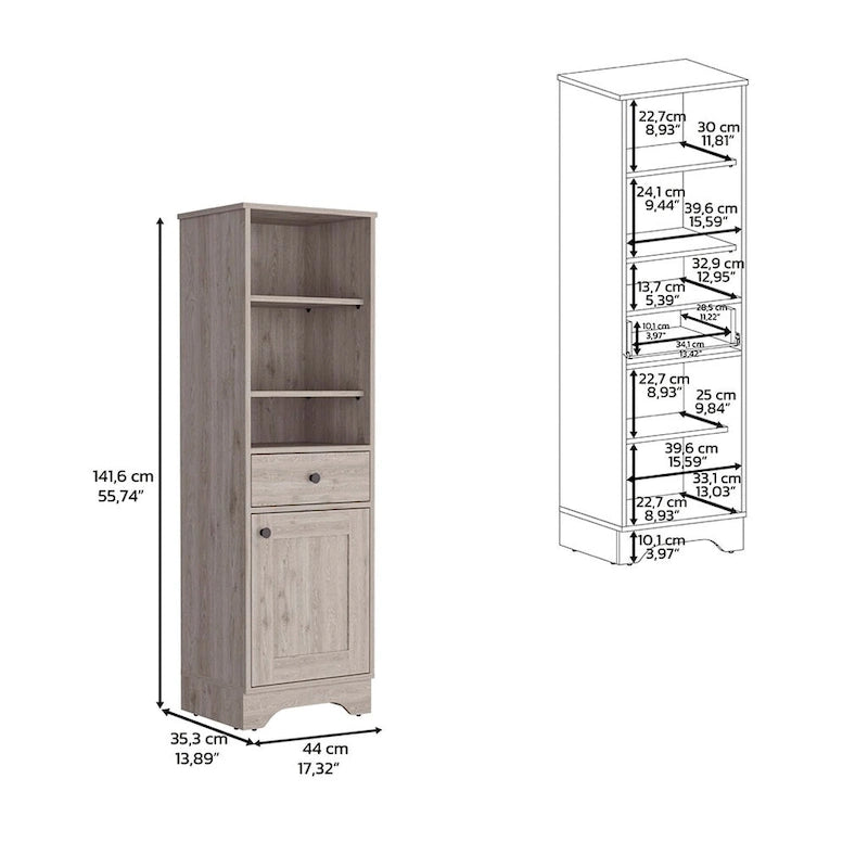 Light Gray Linen Cabinet with Drawer Door and Multiple Shelves