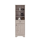 Light Gray Linen Cabinet with Drawer Door and Multiple Shelves