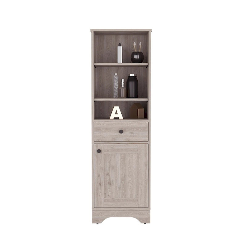 Light Gray Linen Cabinet with Drawer Door and Multiple Shelves