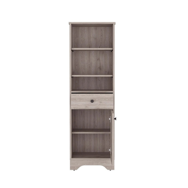 Light Gray Linen Cabinet with Drawer Door and Multiple Shelves