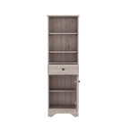 Light Gray Linen Cabinet with Drawer Door and Multiple Shelves