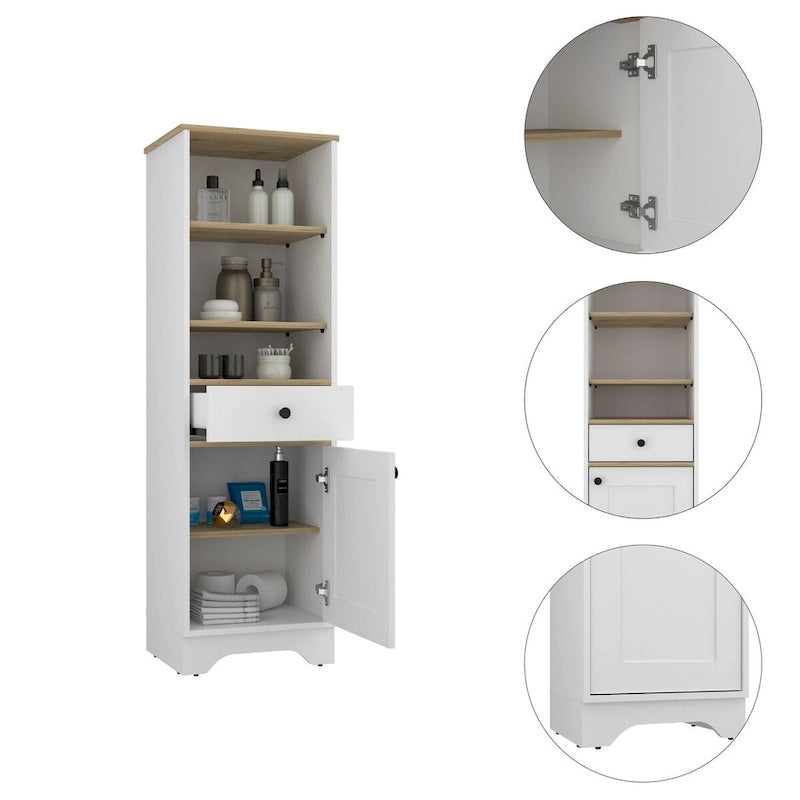 Light Gray Linen Cabinet with Drawer Door and Multiple Shelves