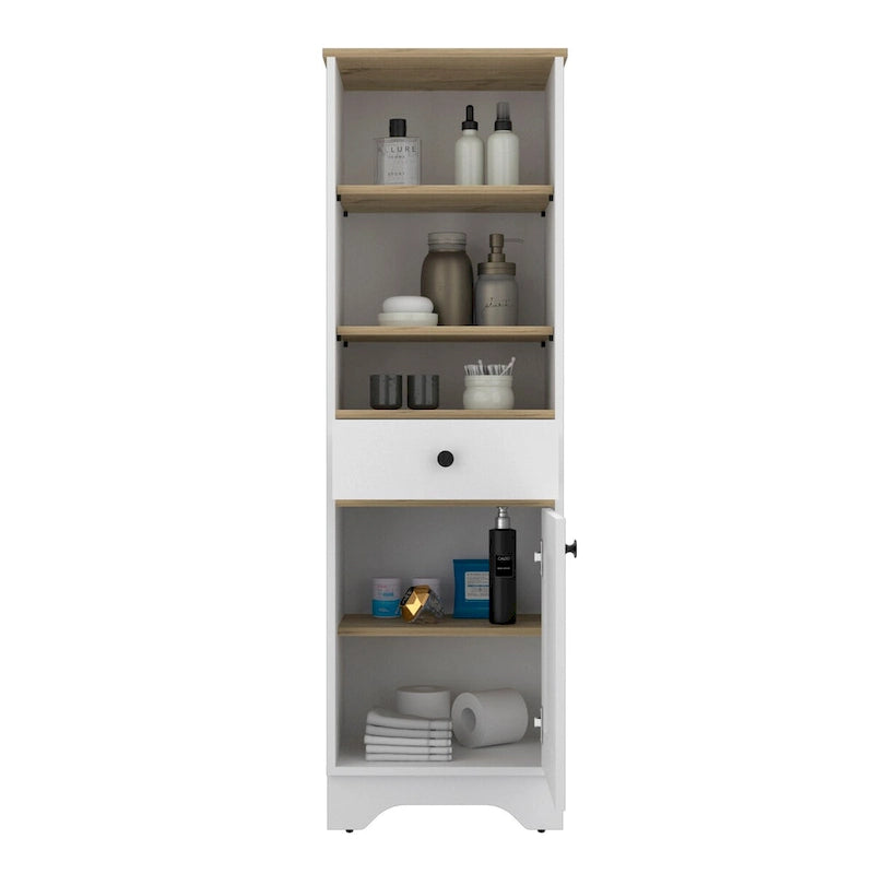 Light Gray Linen Cabinet with Drawer Door and Multiple Shelves