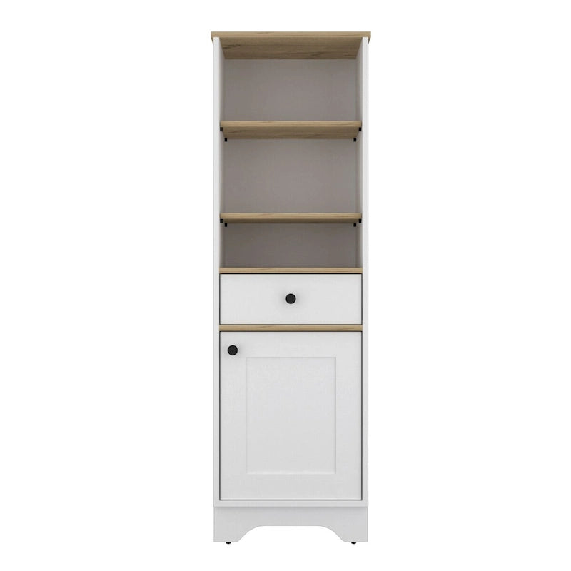 Light Gray Linen Cabinet with Drawer Door and Multiple Shelves