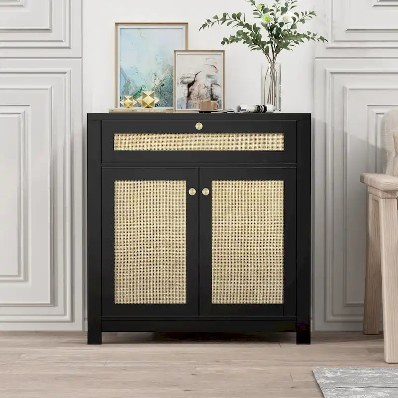 2-Door Black Rattan Cabinet with Drawer Storage Sideboard Buffet