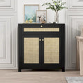 2-Door Black Rattan Cabinet with Drawer Storage Sideboard Buffet