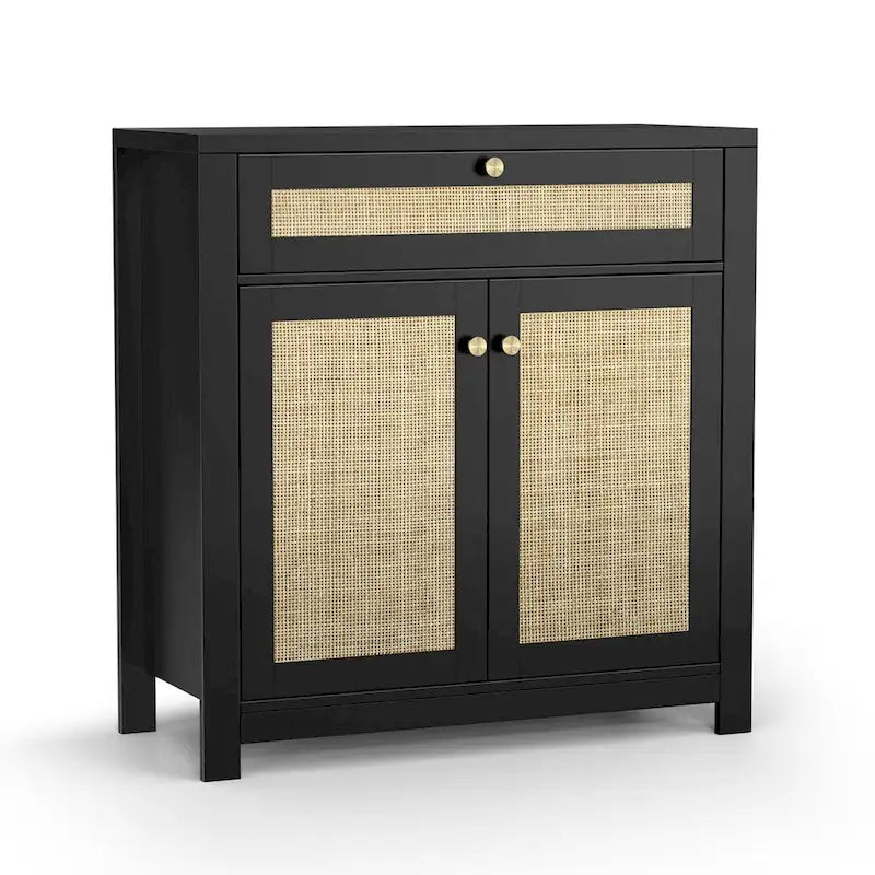 2-Door Black Rattan Cabinet with Drawer Storage Sideboard Buffet
