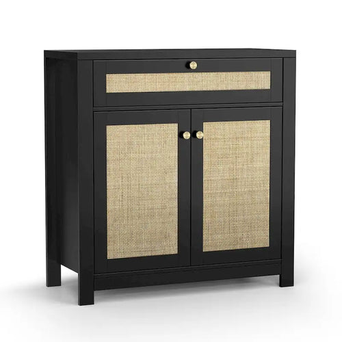 2-Door Black Rattan Cabinet with Drawer Storage Sideboard Buffet