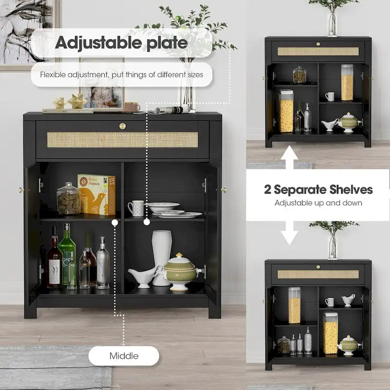 2-Door Black Rattan Cabinet with Drawer Storage Sideboard Buffet
