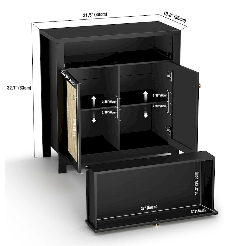 2-Door Black Rattan Cabinet with Drawer Storage Sideboard Buffet