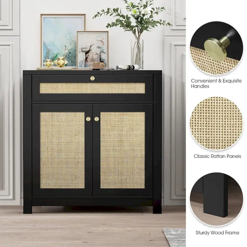 2-Door Black Rattan Cabinet with Drawer Storage Sideboard Buffet
