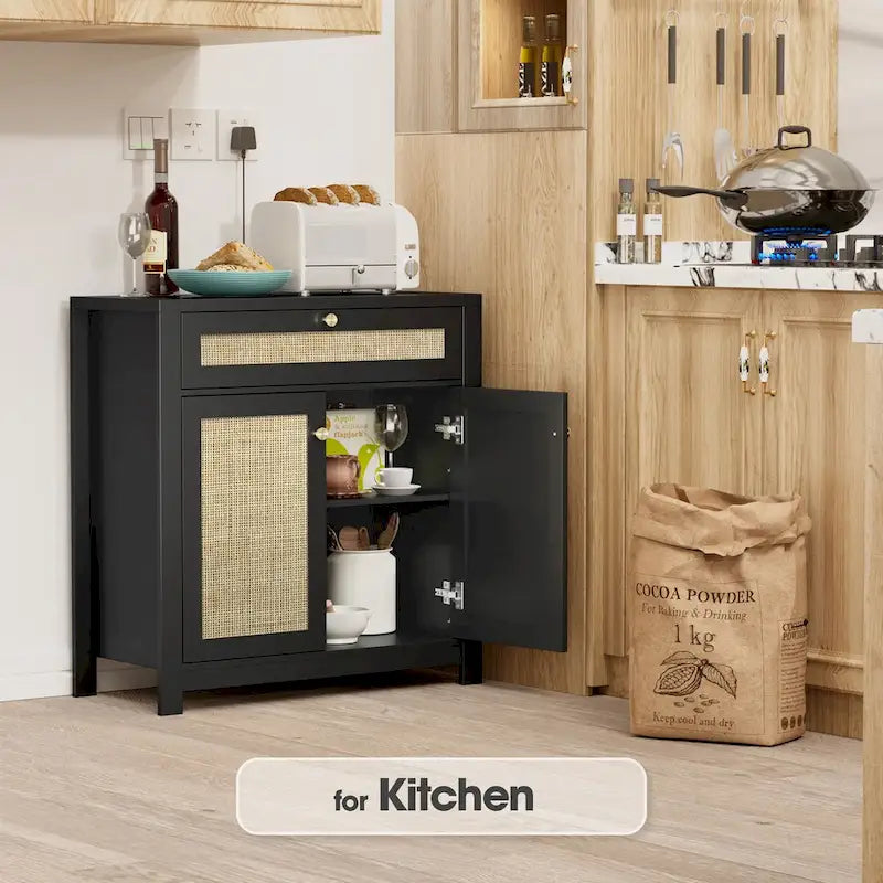 2-Door Black Rattan Cabinet with Drawer Storage Sideboard Buffet