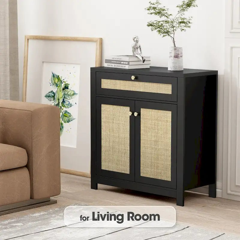 2-Door Black Rattan Cabinet with Drawer Storage Sideboard Buffet