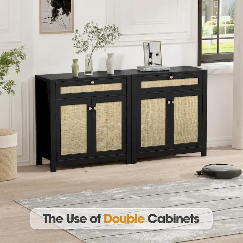 2-Door Black Rattan Cabinet with Drawer Storage Sideboard Buffet