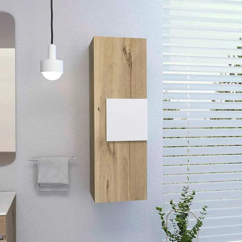 Single Door Medicine Cabinet with Three Shelves White and Oak Finish