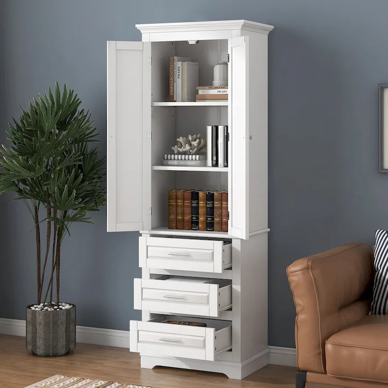 Tall White Bathroom Storage Cabinet with Three Drawers