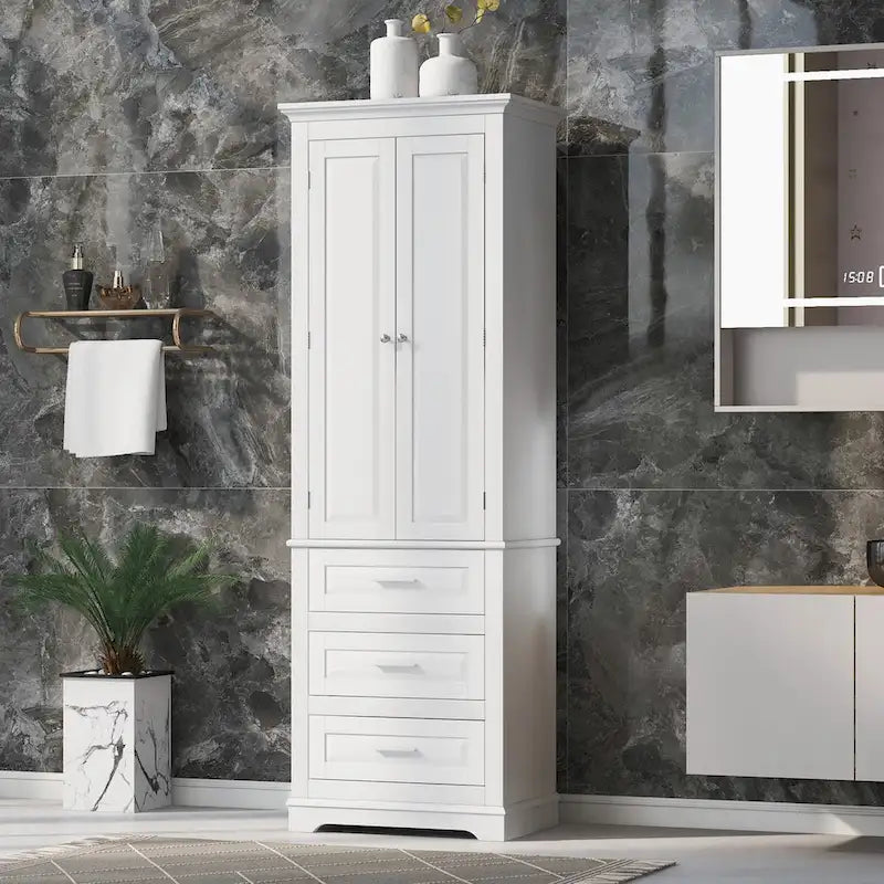 Tall White Bathroom Storage Cabinet with Three Drawers