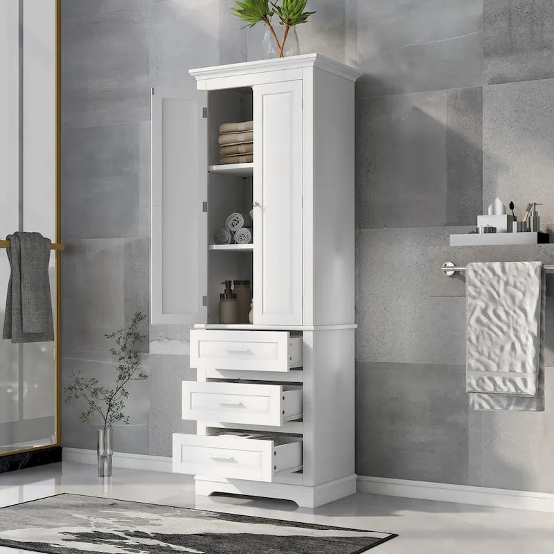 Tall White Bathroom Storage Cabinet with Three Drawers