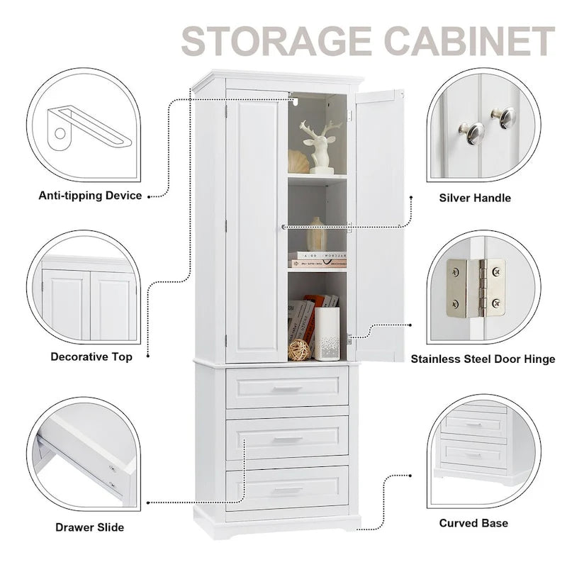 Tall White Bathroom Storage Cabinet with Three Drawers