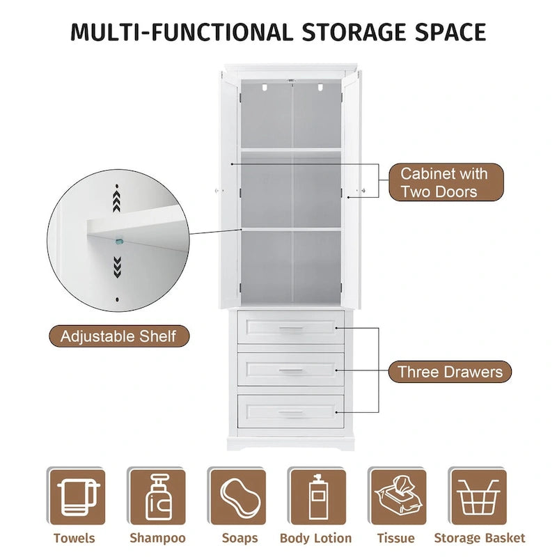 Tall White Bathroom Storage Cabinet with Three Drawers