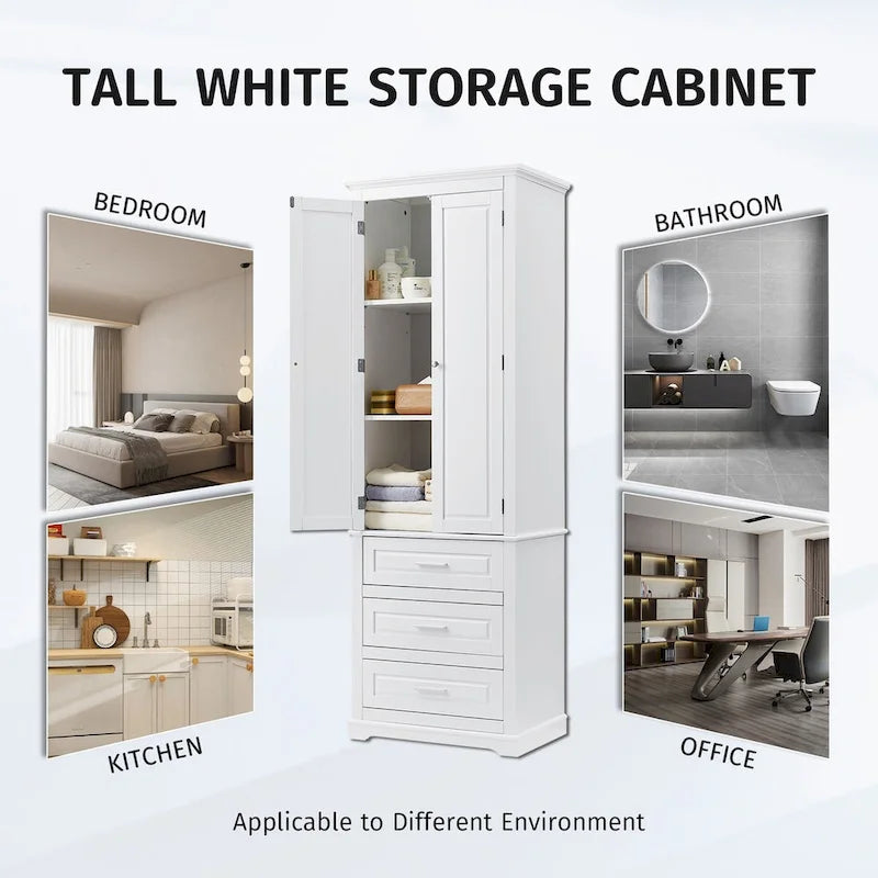 Tall White Bathroom Storage Cabinet with Three Drawers