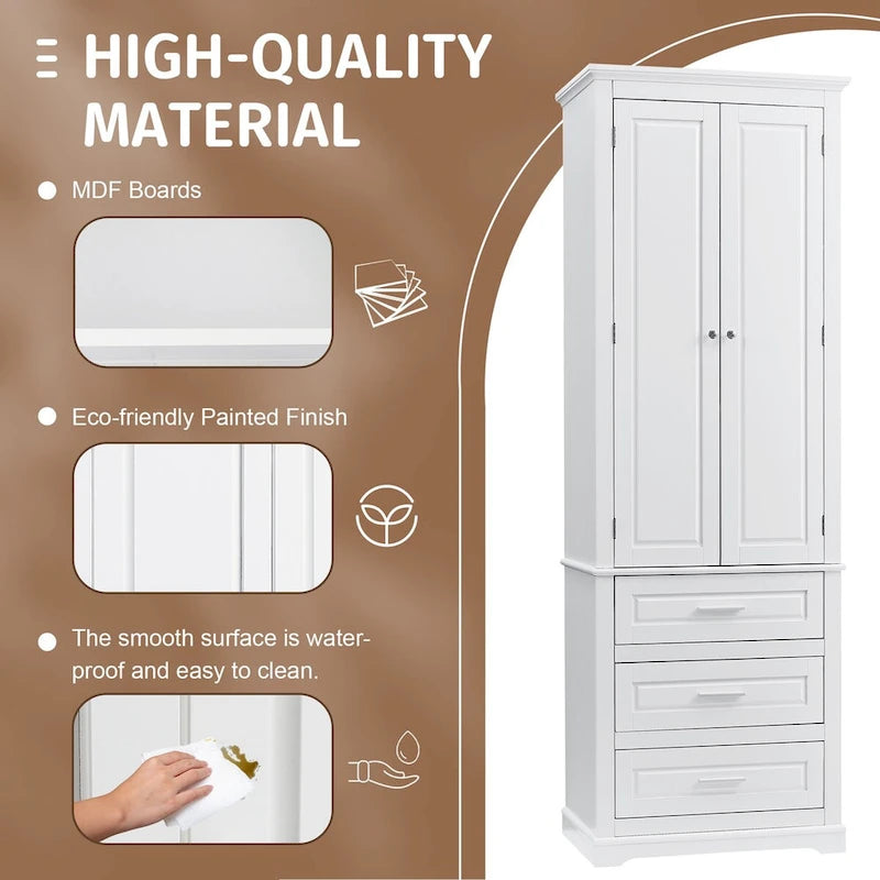 Tall White Bathroom Storage Cabinet with Three Drawers