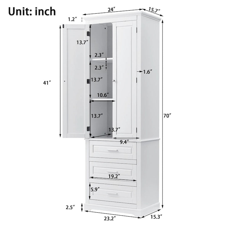 Tall White Bathroom Storage Cabinet with Three Drawers