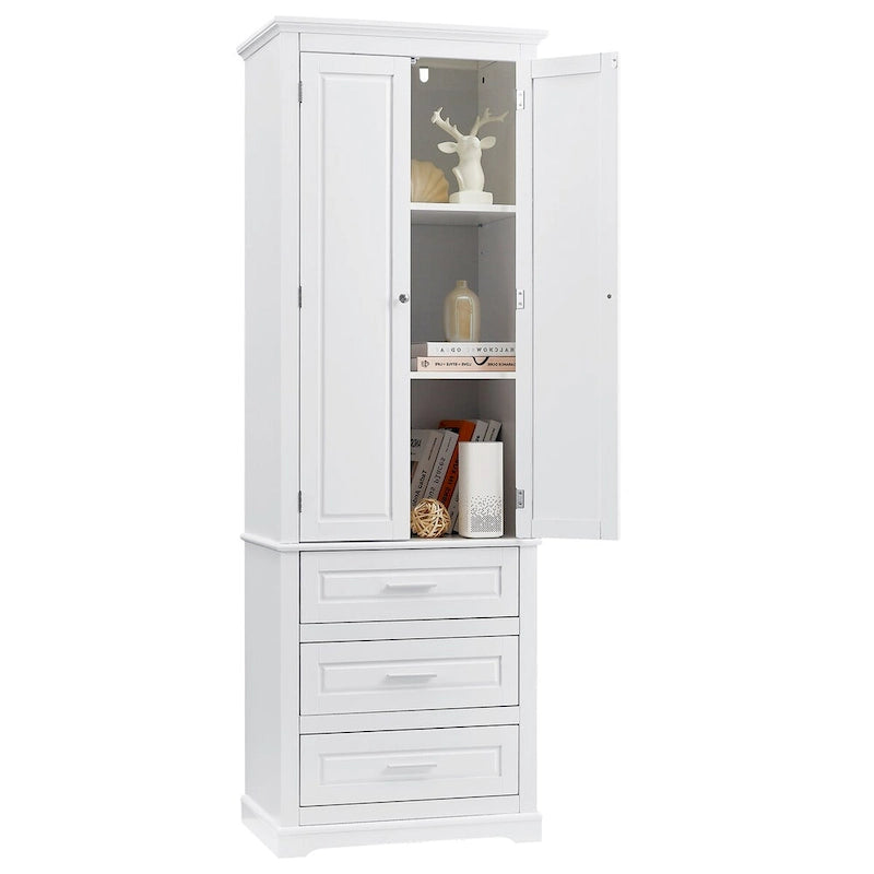 Tall White Bathroom Storage Cabinet with Three Drawers