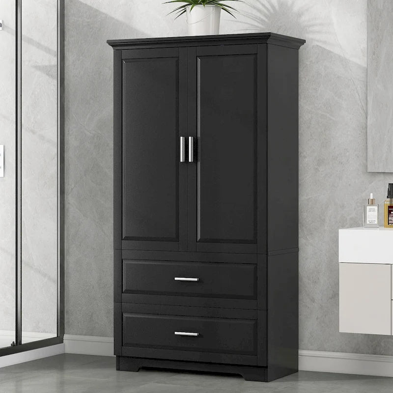Black Tall Bathroom Storage Cabinet with Two Doors Drawers and Adjustable Shelf