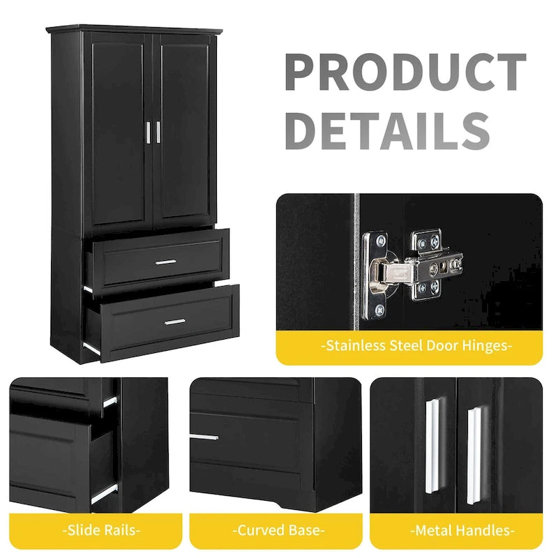 Black Tall Bathroom Storage Cabinet with Two Doors Drawers and Adjustable Shelf