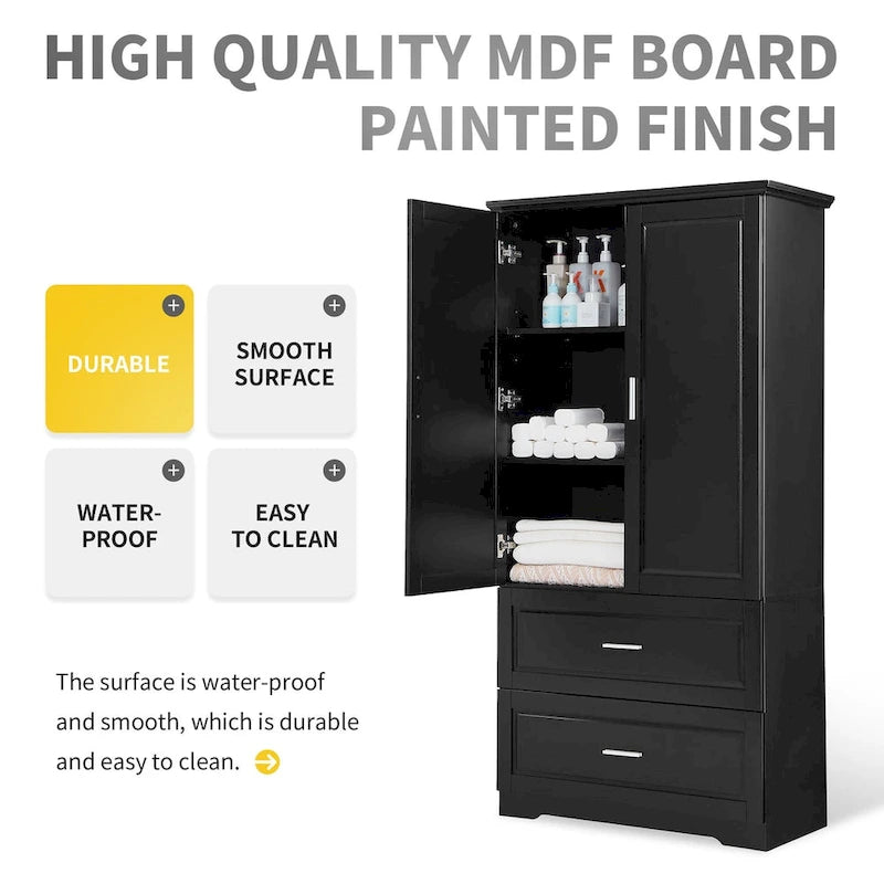 Black Tall Bathroom Storage Cabinet with Two Doors Drawers and Adjustable Shelf