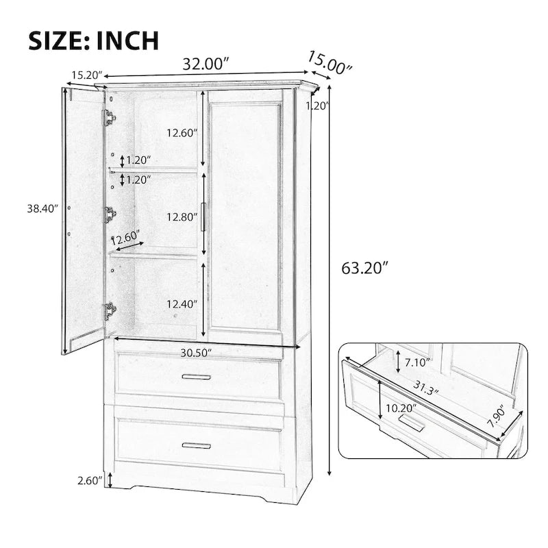Black Tall Bathroom Storage Cabinet with Two Doors Drawers and Adjustable Shelf