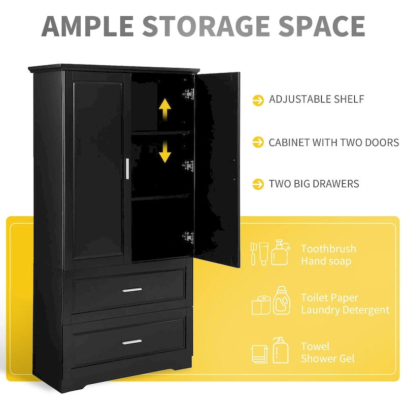 Black Tall Bathroom Storage Cabinet with Two Doors Drawers and Adjustable Shelf