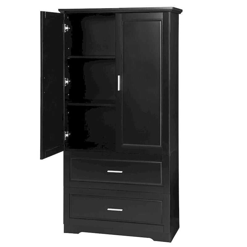 Black Tall Bathroom Storage Cabinet with Two Doors Drawers and Adjustable Shelf