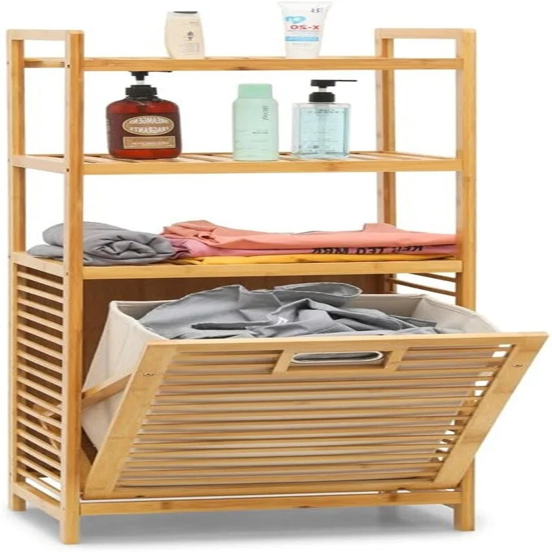 Tilt Out Hamper for Laundry 3 Tier Bamboo Pull Out Laundry Hamper - 15.5L x 11.5W x 46.5H