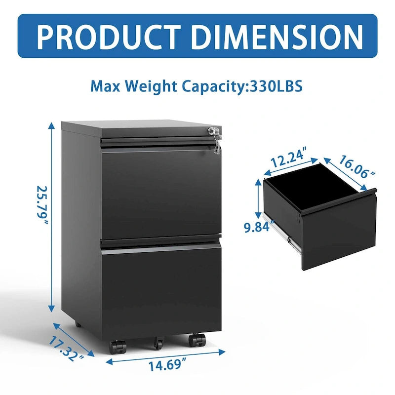 2-Drawer Rolling Metal File Cabinet with Lock for Home Office