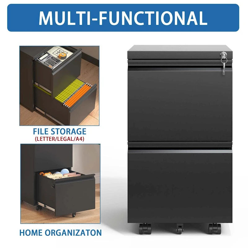 2-Drawer Rolling Metal File Cabinet with Lock for Home Office