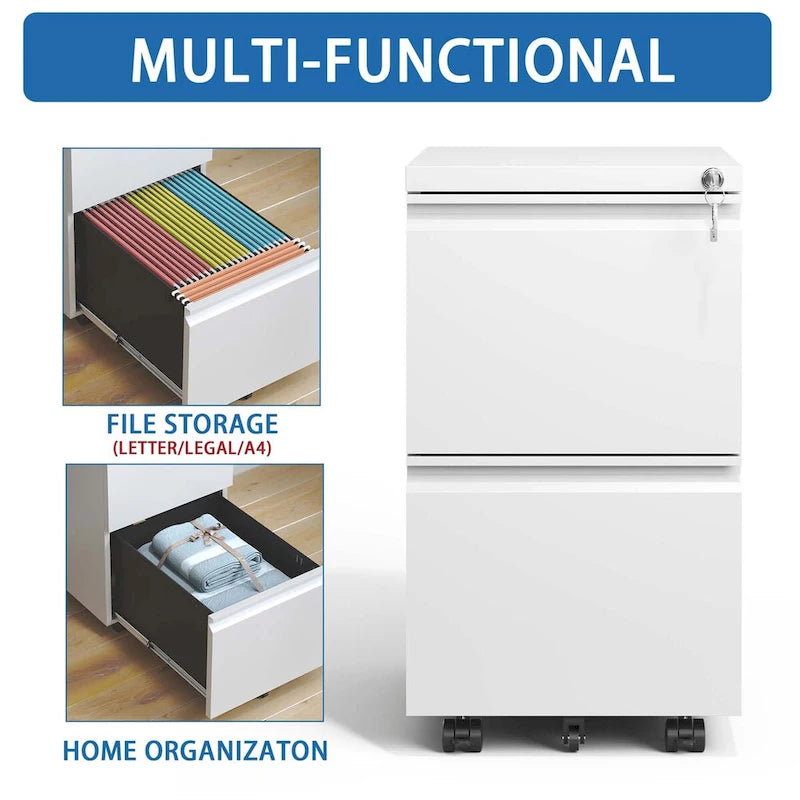 2-Drawer Rolling Metal File Cabinet with Lock for Home Office