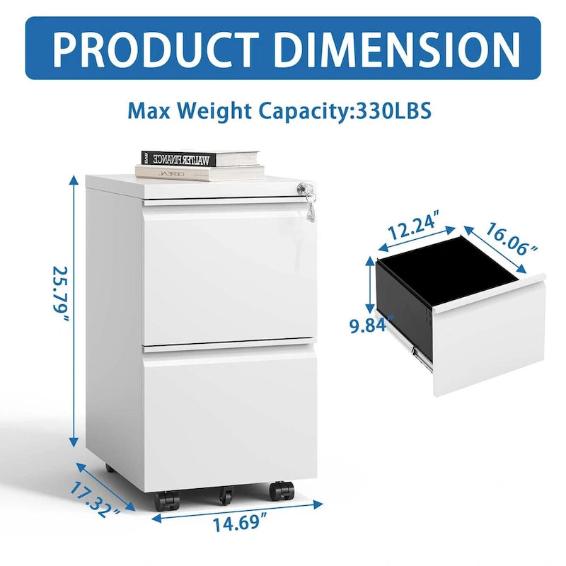 2-Drawer Rolling Metal File Cabinet with Lock for Home Office
